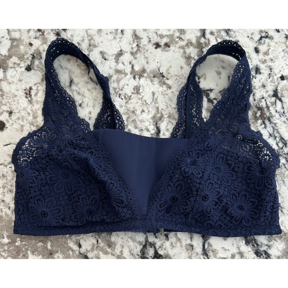 Aerie Navy Blue Lace Bralette, Adjustable Straps, Hook & Eye Closure ‎ wireless